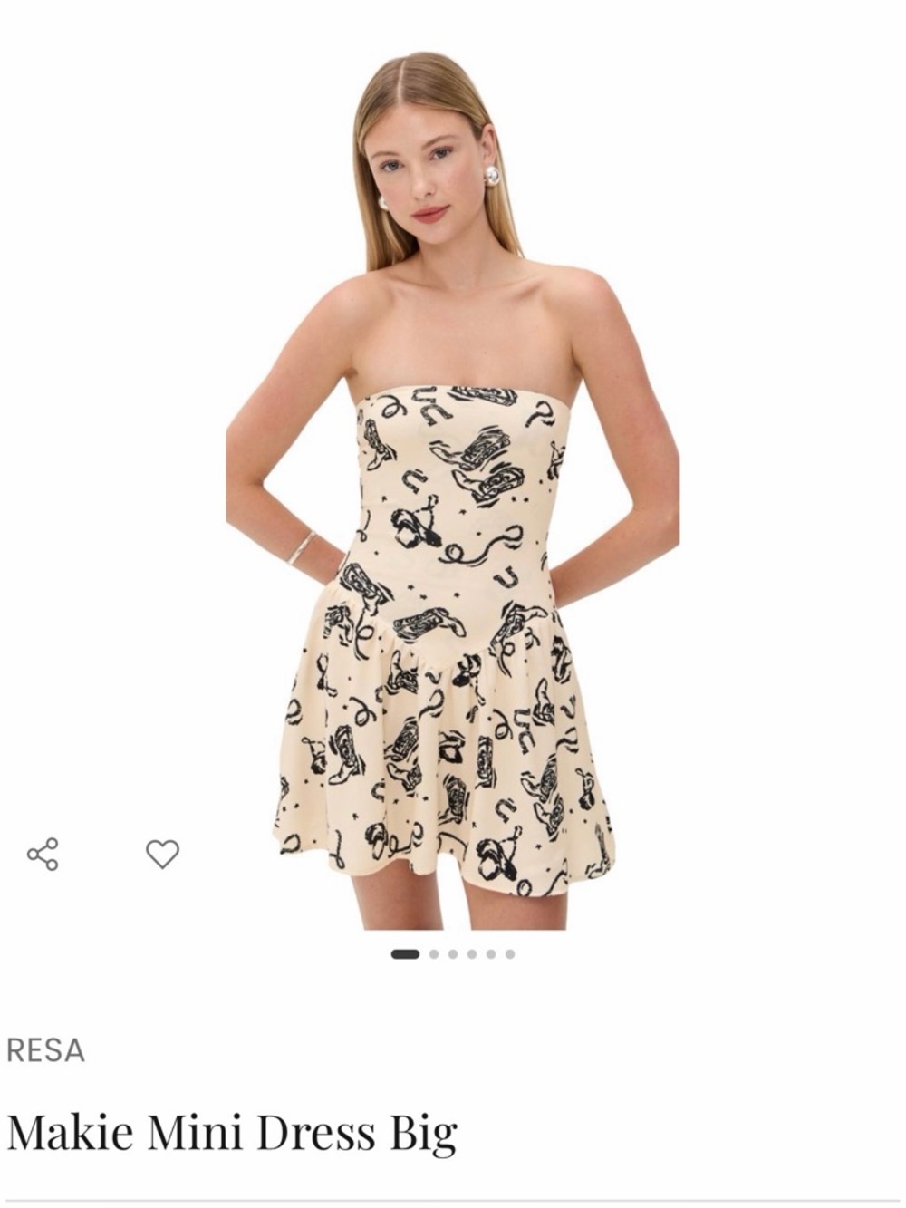 RESA Makie Mini Dress Strapless Western Print Size M Flowy Fit Beige Black